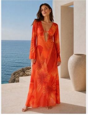 Caroline Constas mesh midi swim swimsuit cover up dress red yellow Medium M